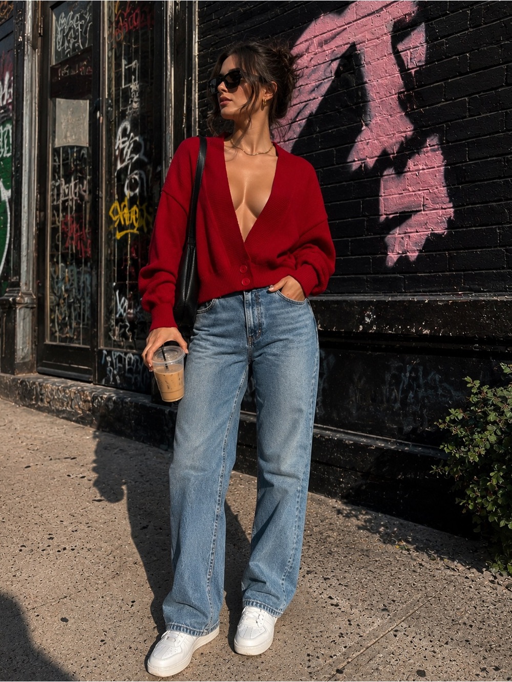 Rabbit hair and silk classic Red Button-Front Women's V-Neck Cardigan